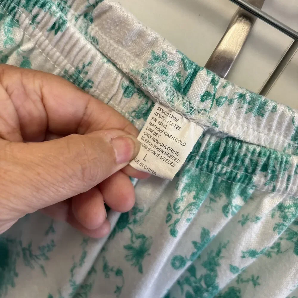Women Floral Lounge Pajama Pants L Green White Elastic Waist Cotton Blend